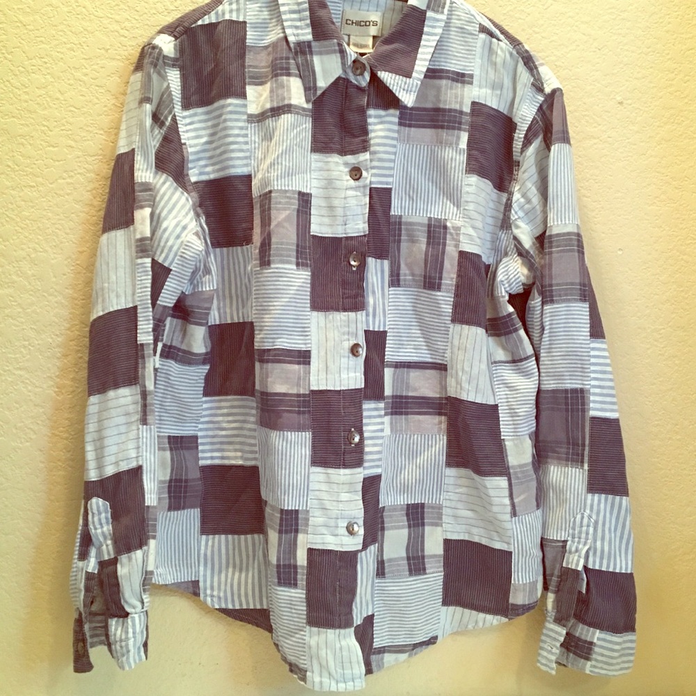 CHICO'S cotton patchwork blue button down perfect