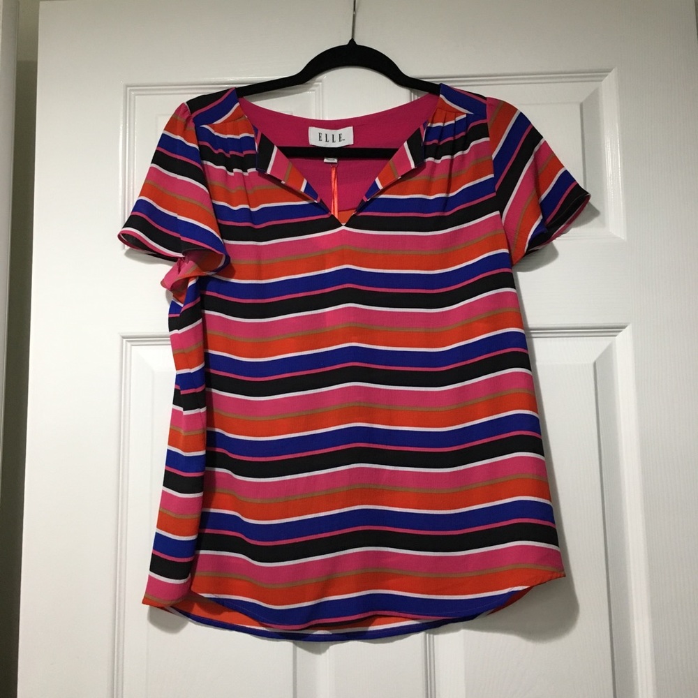***ELLE red/black/blue short sleeve striped top size S
