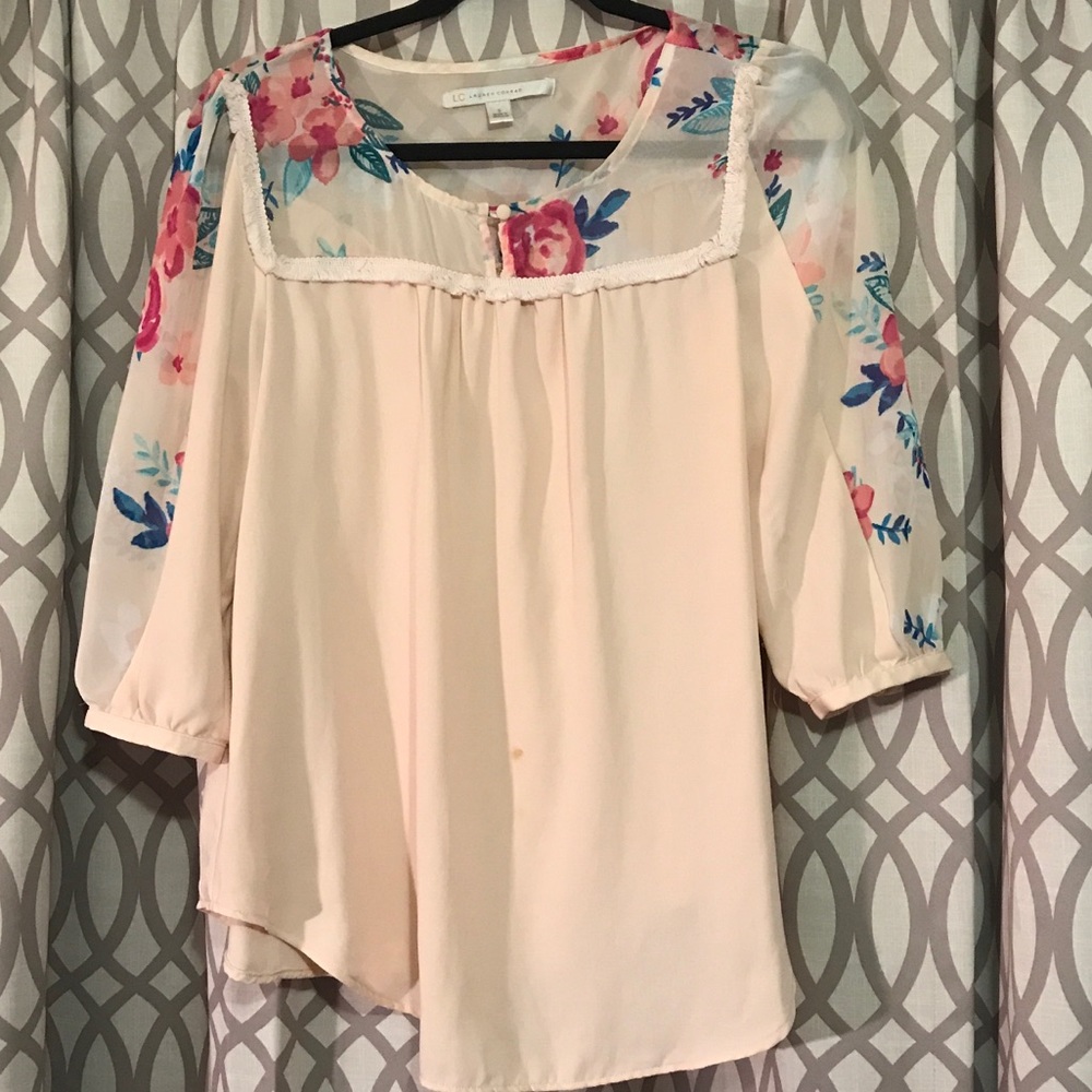 Blush blouse with sheer sleeves