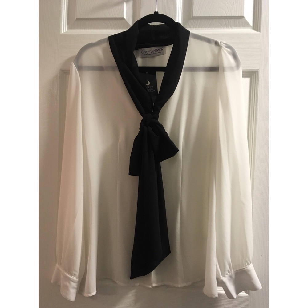Gypsy Warrior Sheer White Button Down Tie Neck Top