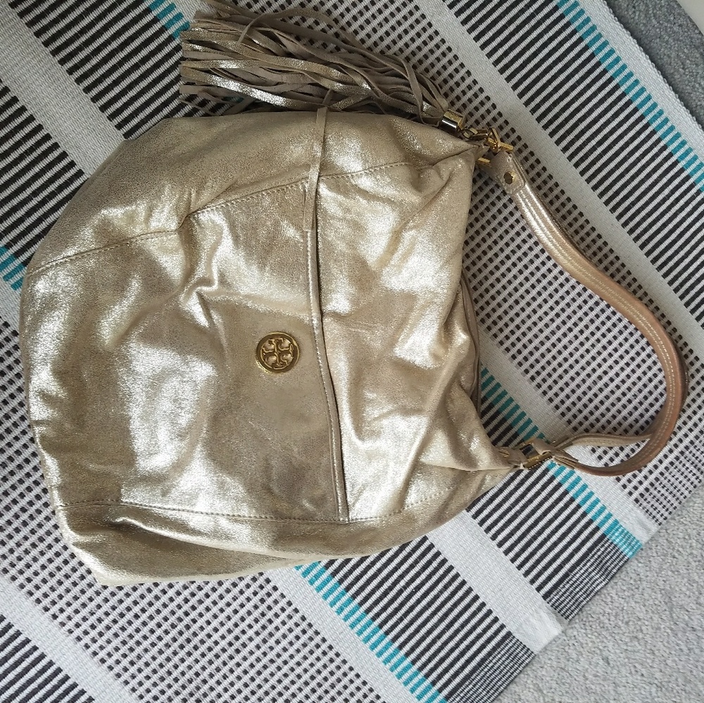Tory Burch gold shoulder bucket purse