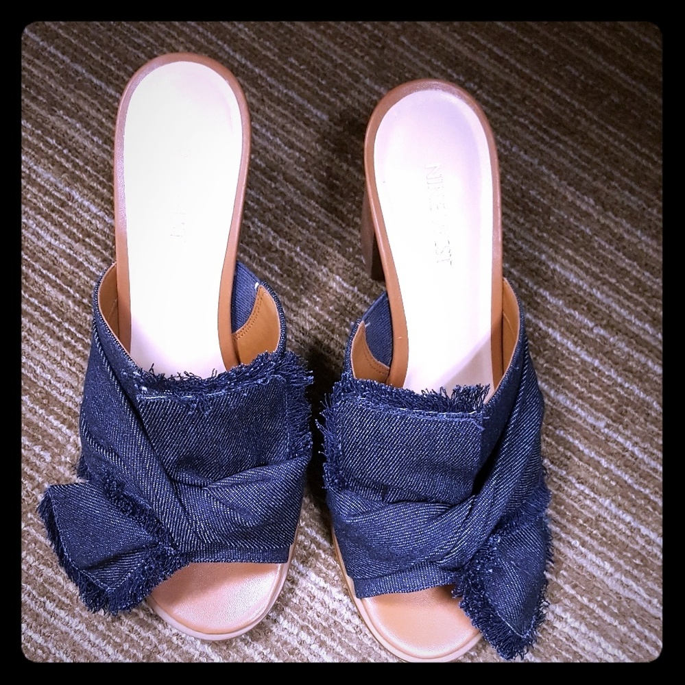 Dark Denim Bow Fringed Slides