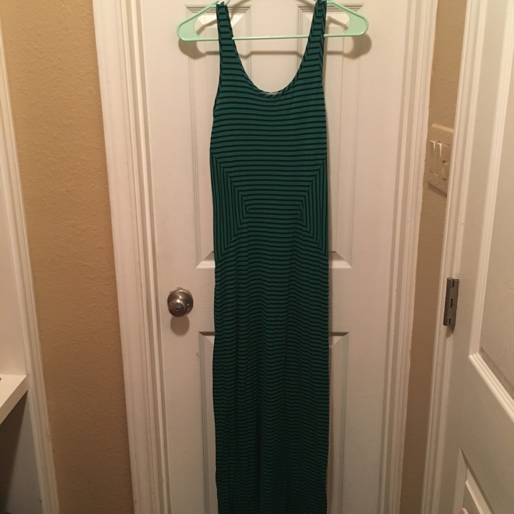 Green and navy striped maxi dress