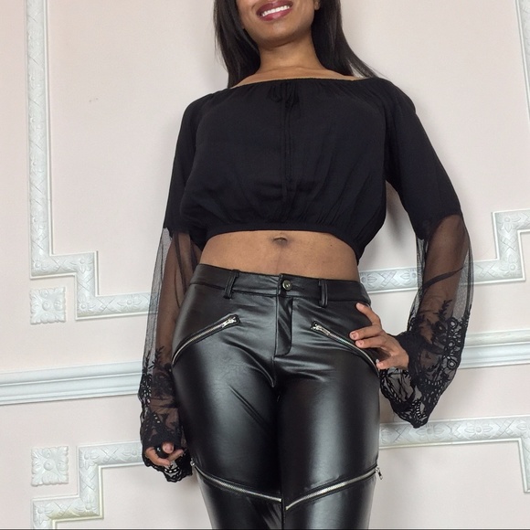 NEW cute crop top sexy black lace sheer sleeves - Picture 4 of 7