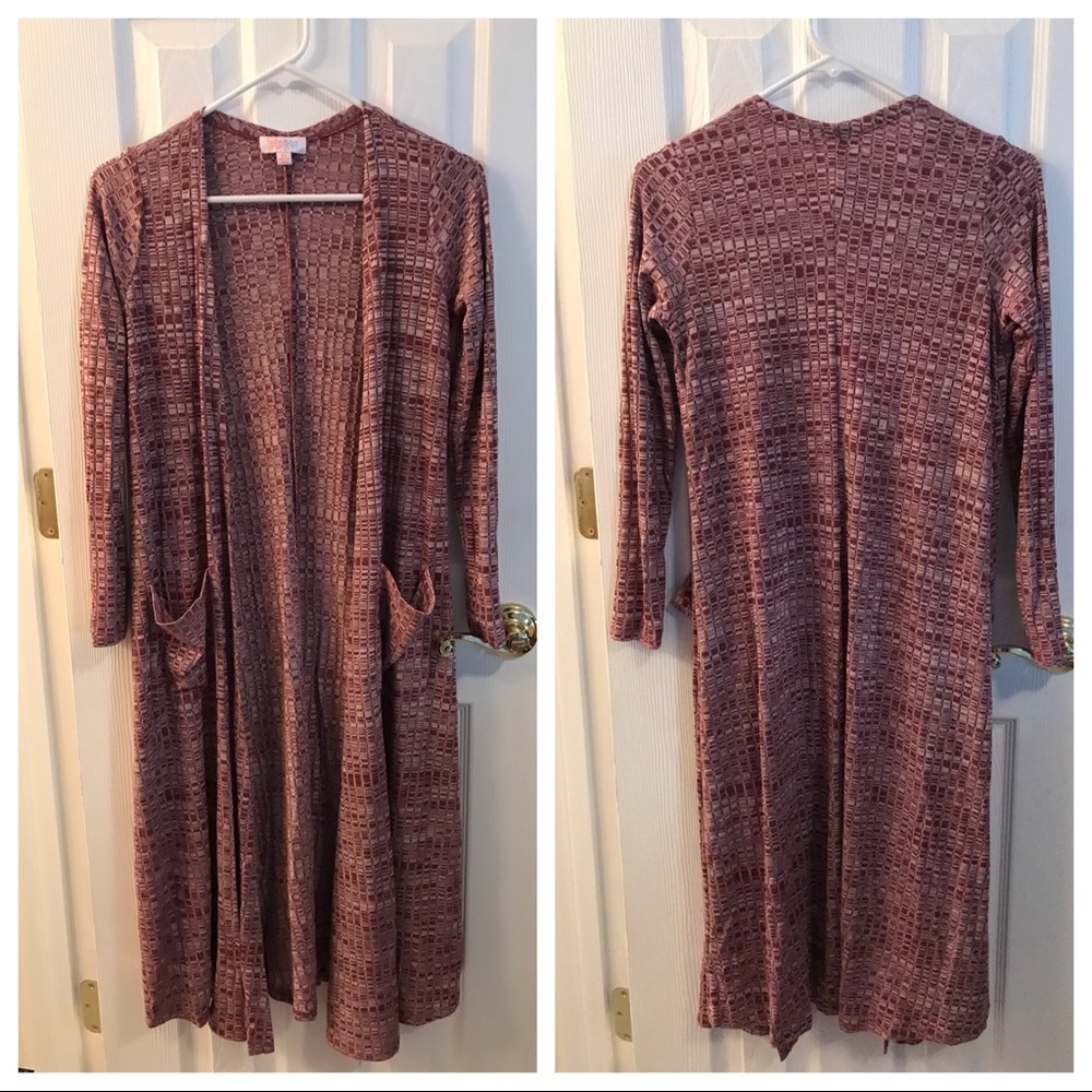 LulaRoe maroon/cream Sarah Cardigan. Size XS