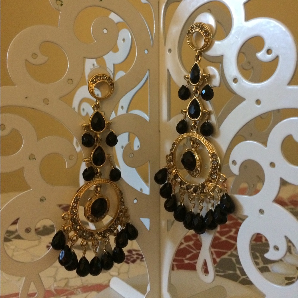 Gold chandelier black beaded earrings