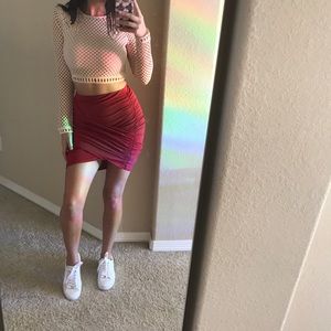 Red ruched mini skirt