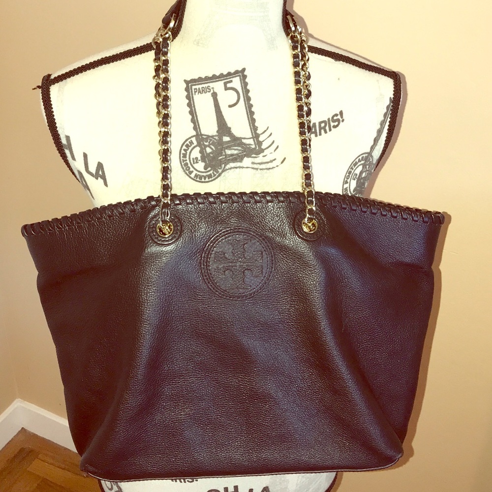Authentic Tory Burch Black Leather Marion Tote