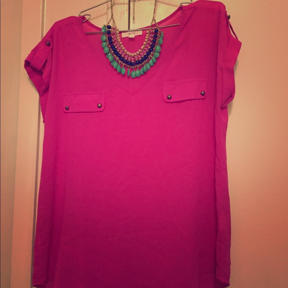 Pink sheer short sleeve blouse size Large