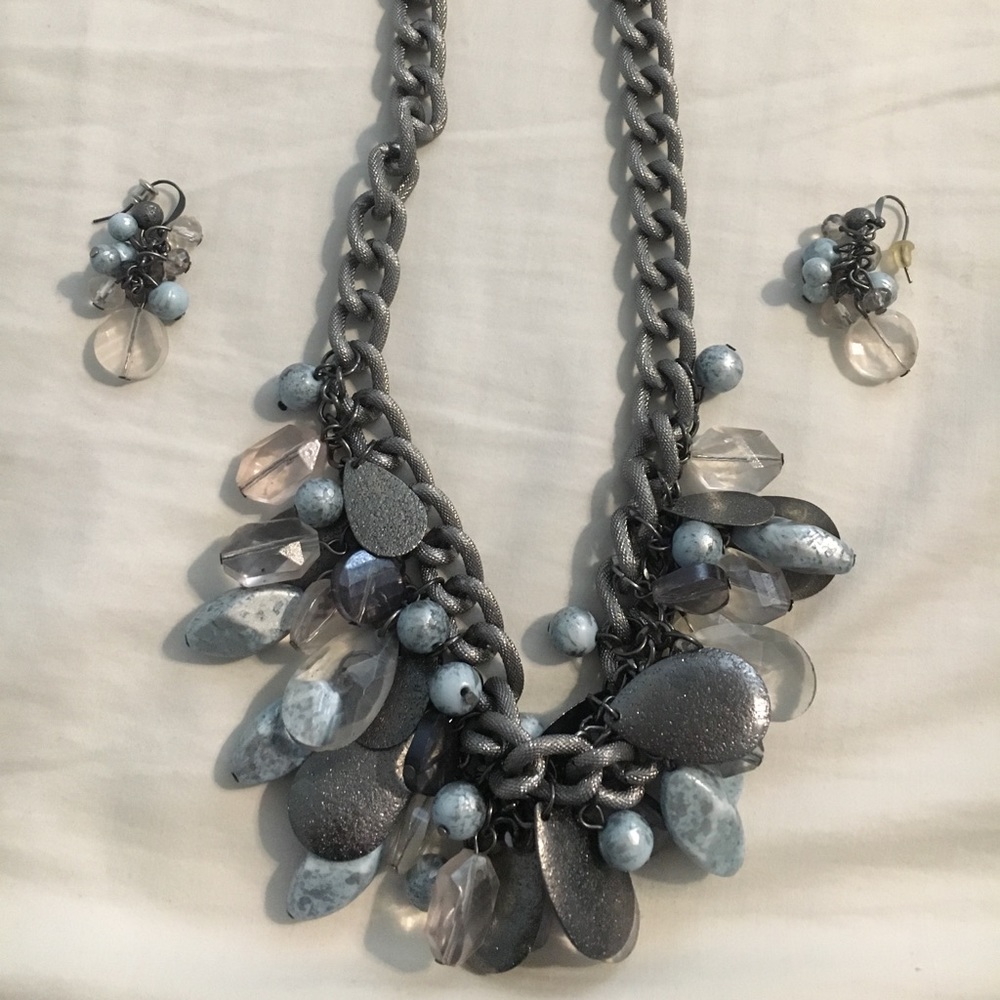 Blue and silver necklace and earring set