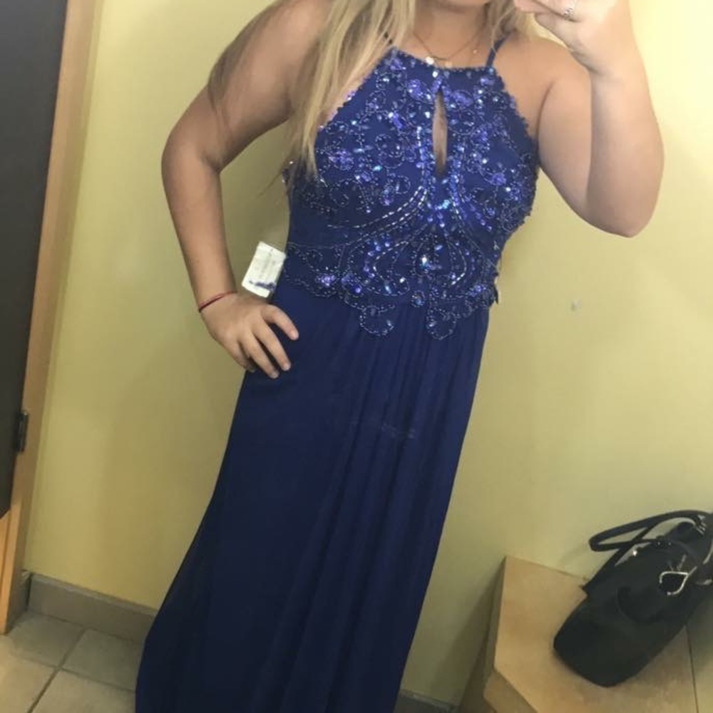Navy blue sequin gown with keyhole