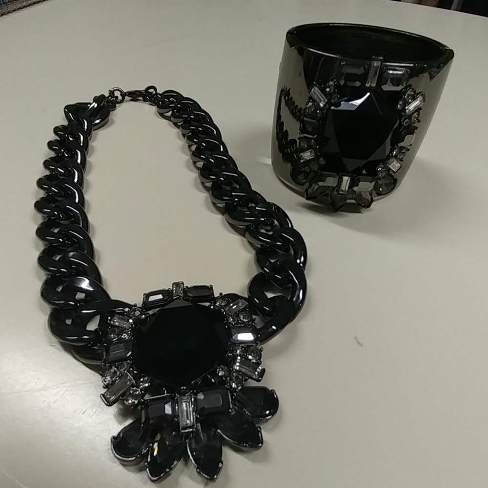 Black, silver, grey necklace and cuff bracelet set