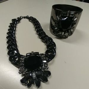 Black, silver, grey necklace and cuff bracelet set