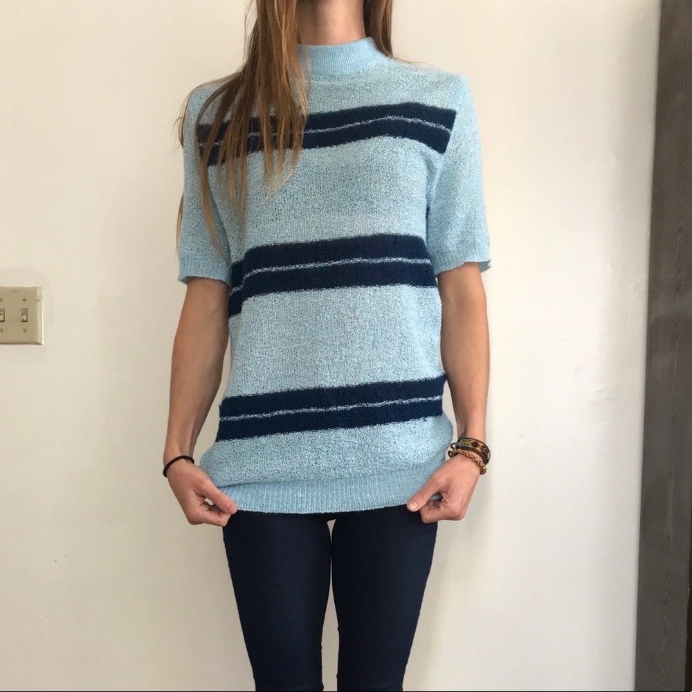Vintage 1960’s Moc Neck Blue Knit Striped Shirt