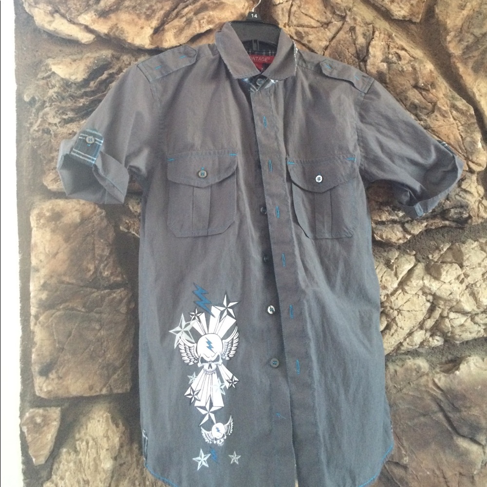 Boys charcoal gray button up shirt sleeved shirt
