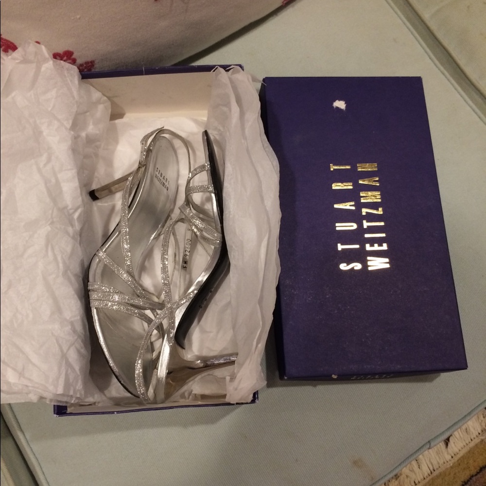 NIB Stewart Weitzman silver strappy heels 8M