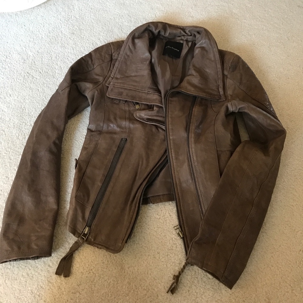 Taupe Brown Leather motorcycle Jacket S