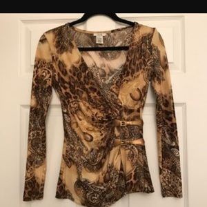 Gorgeous gold and animal Cache wrap blouse