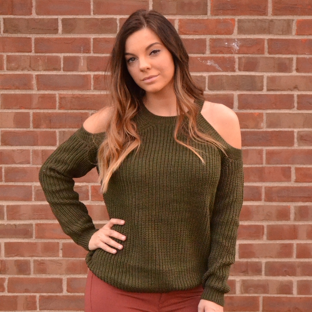 SOLD OUT! Olive Cold Shoulder Sweater - Picture 4 of 6