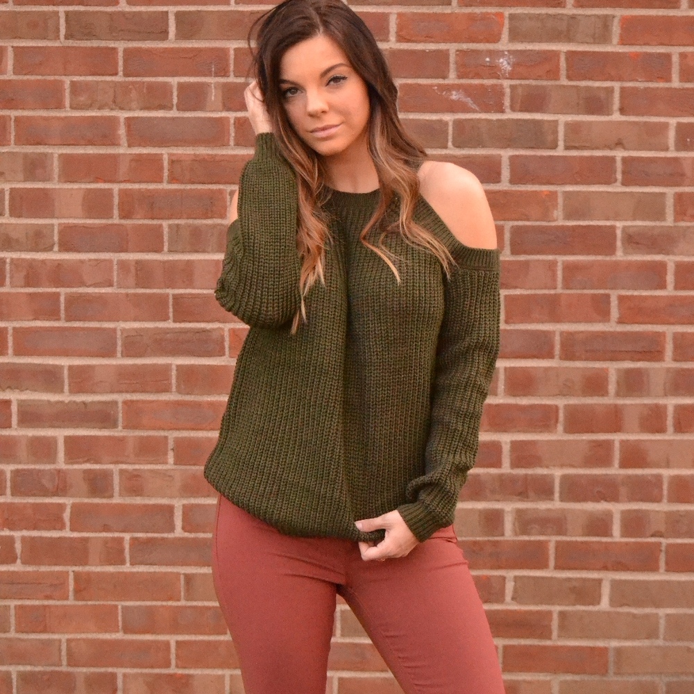 SOLD OUT! Olive Cold Shoulder Sweater - Picture 2 of 6