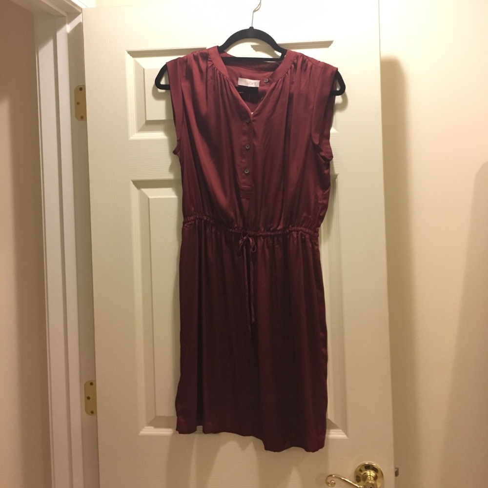 Deep red silky dress LOFT cinched waist