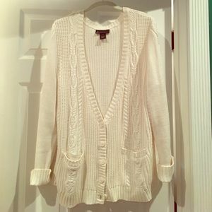 Off-white cable-knit button-up cardigan sweater