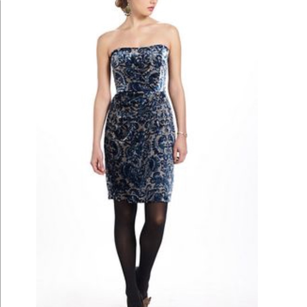Anthropologie Blue and Gold Velvet Dress