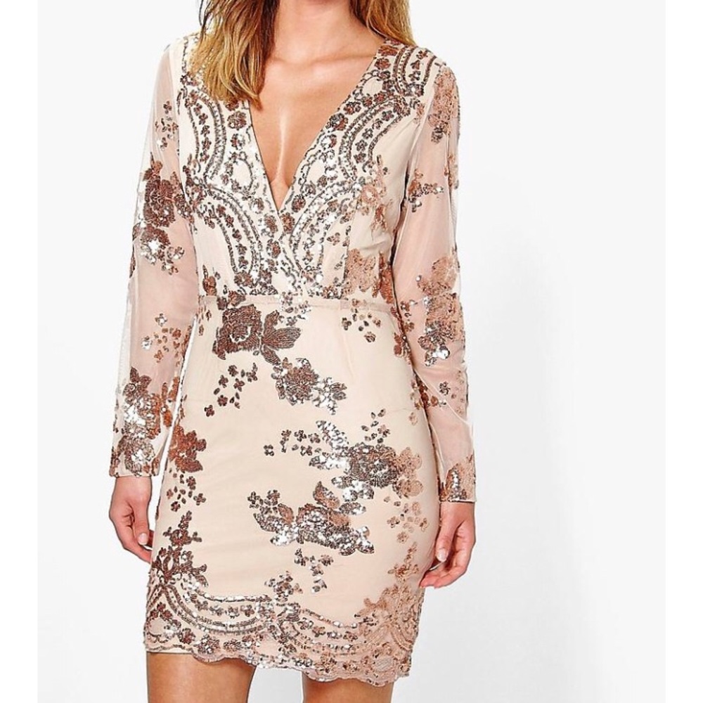 Gold Sequin Bodycon Mesh Dress