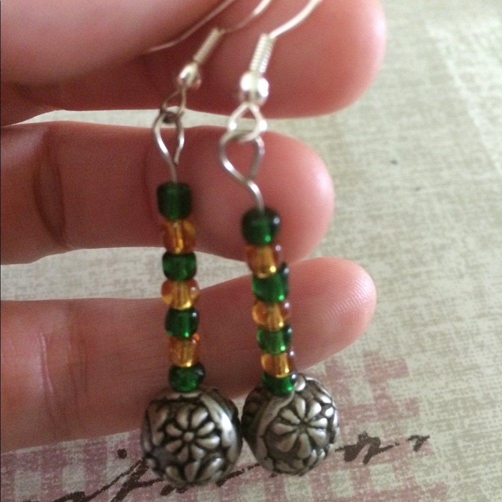 Green and gold beaded drop earrings