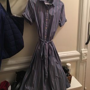 Blue chambray shirt dress with pink pinstripes