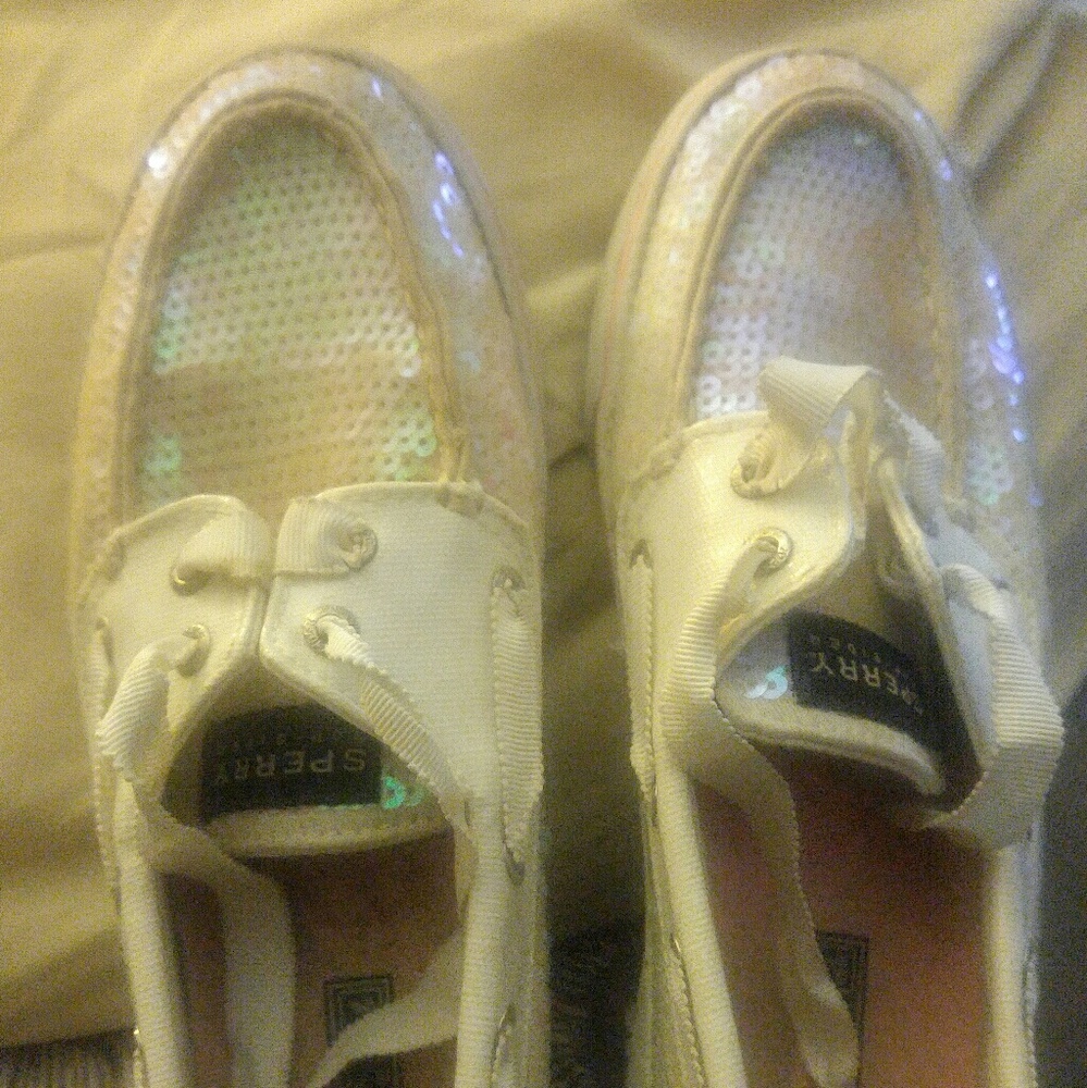 Sperry white iredescent boat shoes