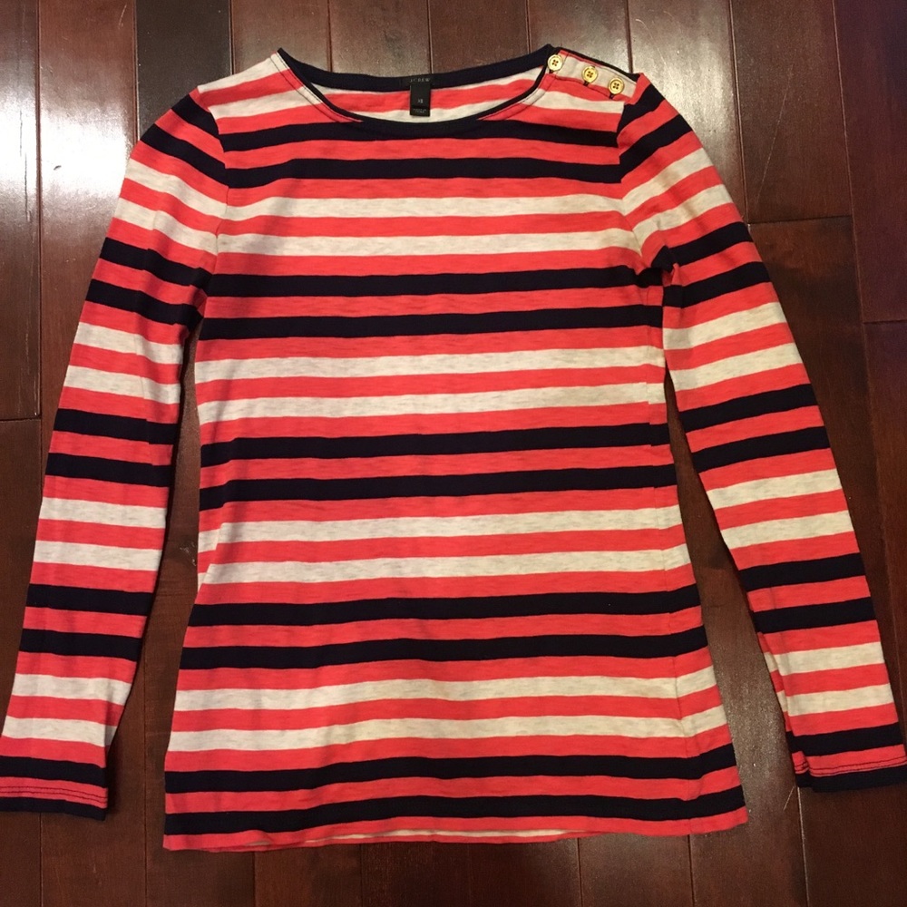J.Crew Coral Pink Striped Button Crewneck Shirt