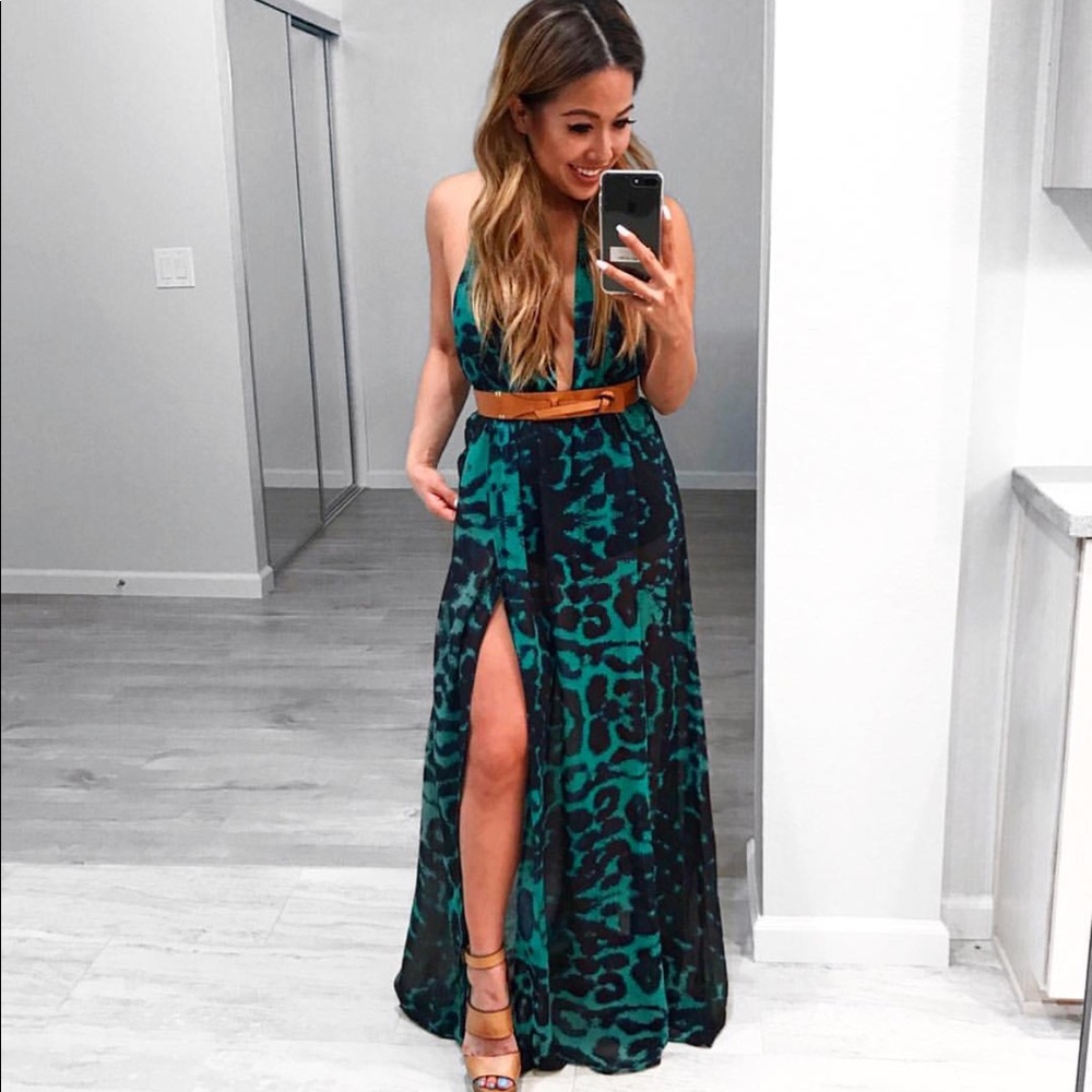 Green Leopard Halter High Slit Dress