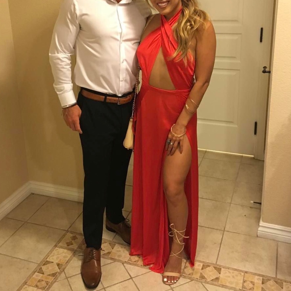 Red High Slit Wrap Halter Dress