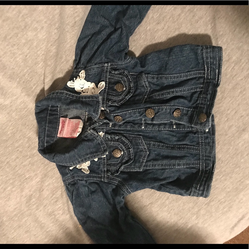 Infant jean jacket white floral embroidery detail