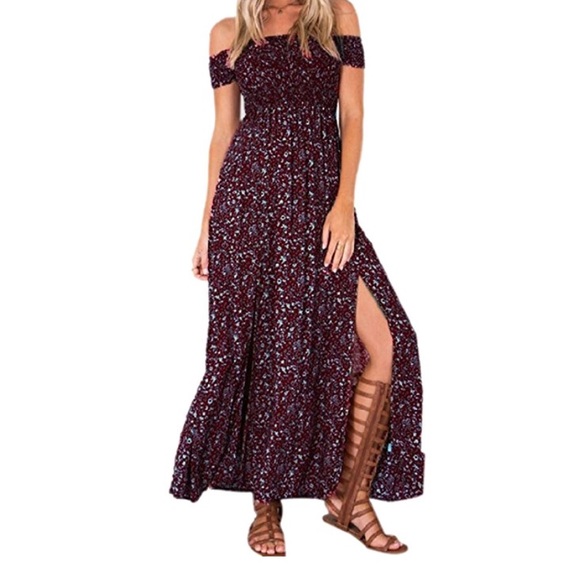 BurgundyRed Boho Off Shoulder Maxi Side Slit Dress - Picture 2 of 6