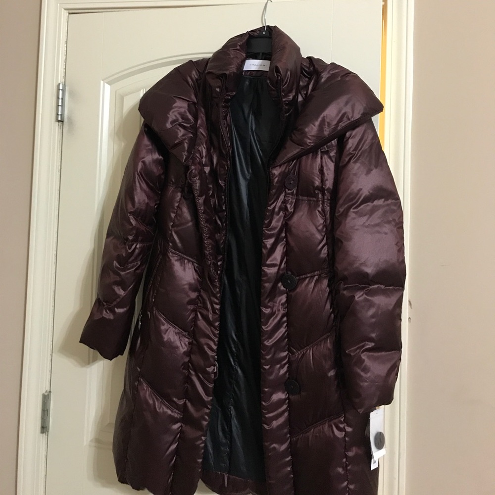 T Tahari Down Feather Burgundy Coat