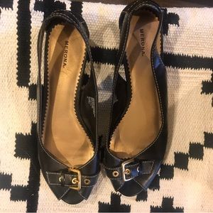 Merona open toe black buckle flats