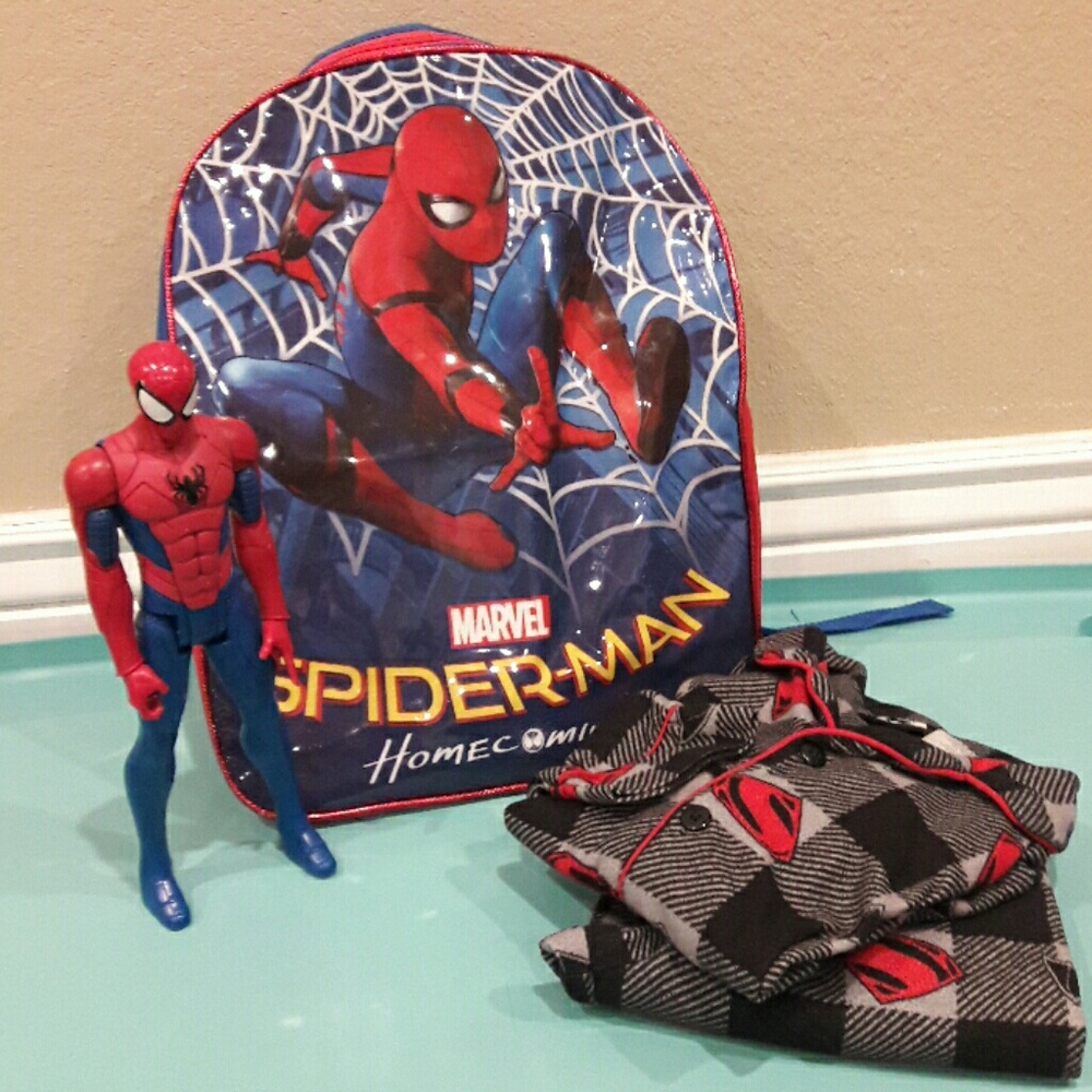 Spiderman backpack, toy and pjs