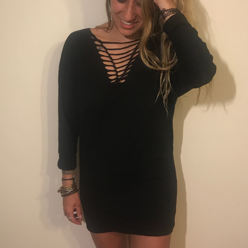 Black Long Sleeve, Short Dress with Chest Cut-Out