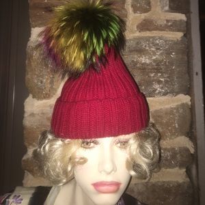 Real Fox Fur multi-color Pom-pom Red hat
