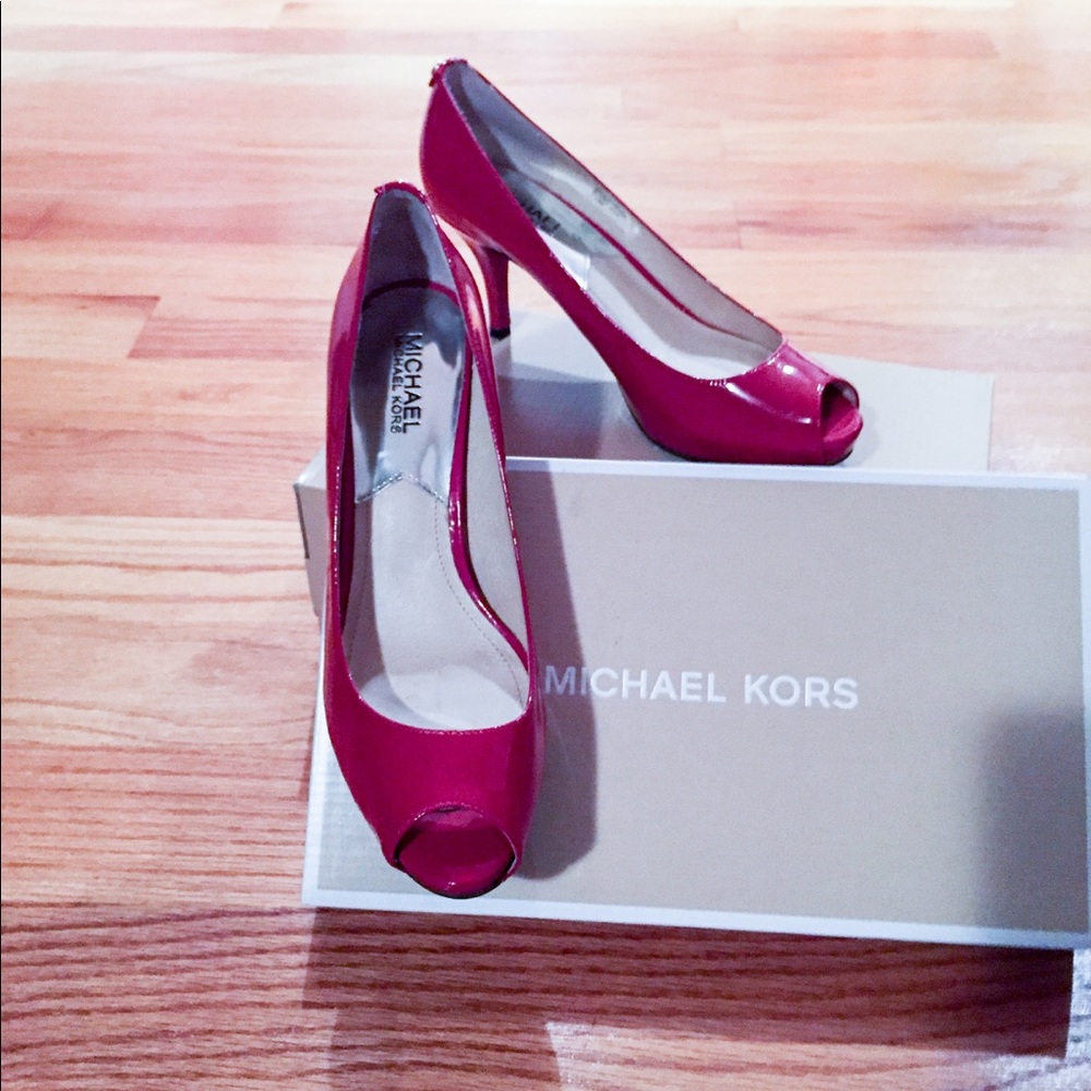 Michael Kors. Red Peep-Toe Patent Platform Pumps.