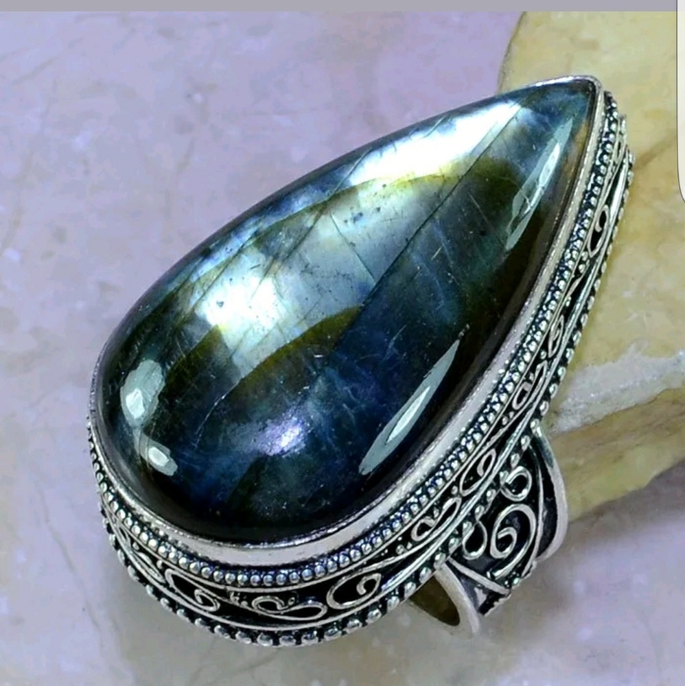 Natural Fire blue labidorite & silver ring