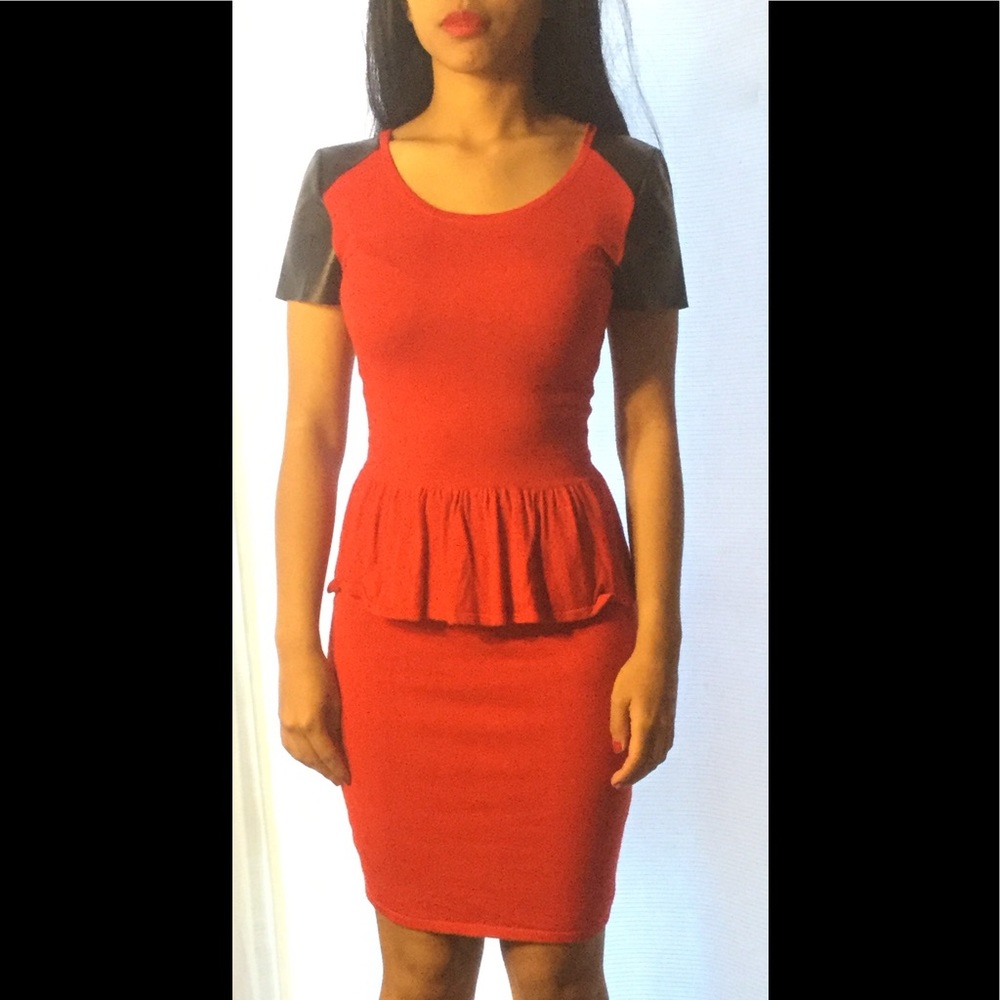 Red Express dress with leather sleeves.