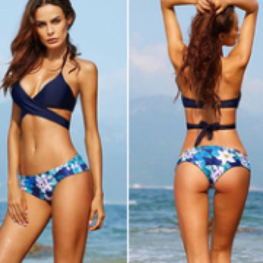 New swimsuit set bikini floral navy blue sexy cute
