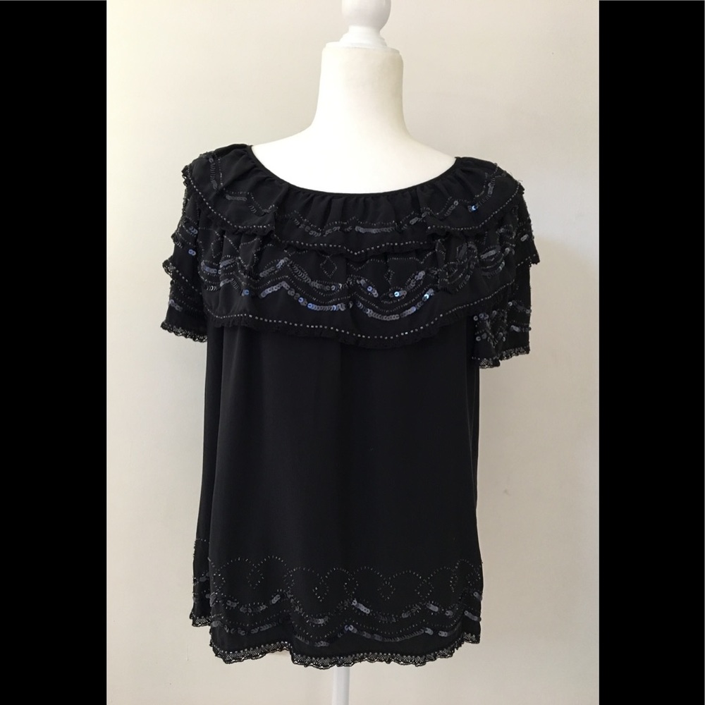 BCBG MAXAZRIA Black Embellished 100% Silk Top XS