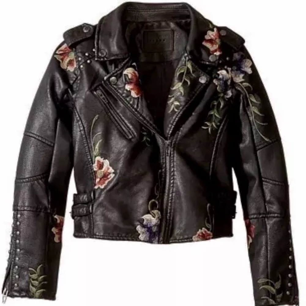 Embroidered Studs Black Vegan Leather Moto Jacket