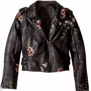 Embroidered Studs Black Vegan Leather Moto Jacket