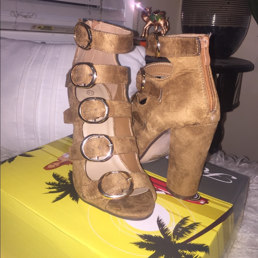 Tan suede bootie heels