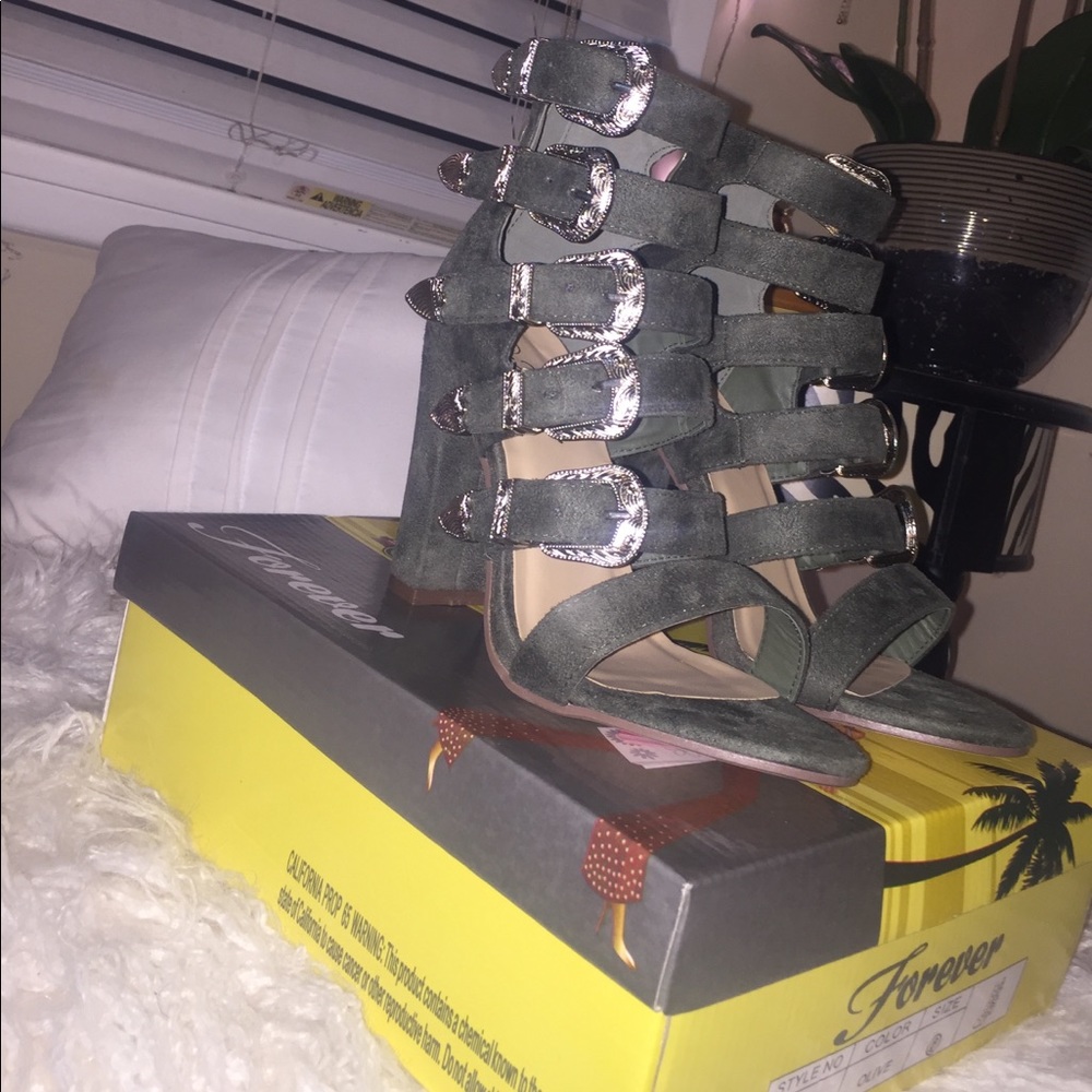 Olive green suede buckle heel